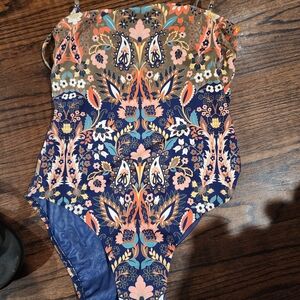 NWT Boden Navy Floral One-Piece Swimsuit with Pink & Orange Accents